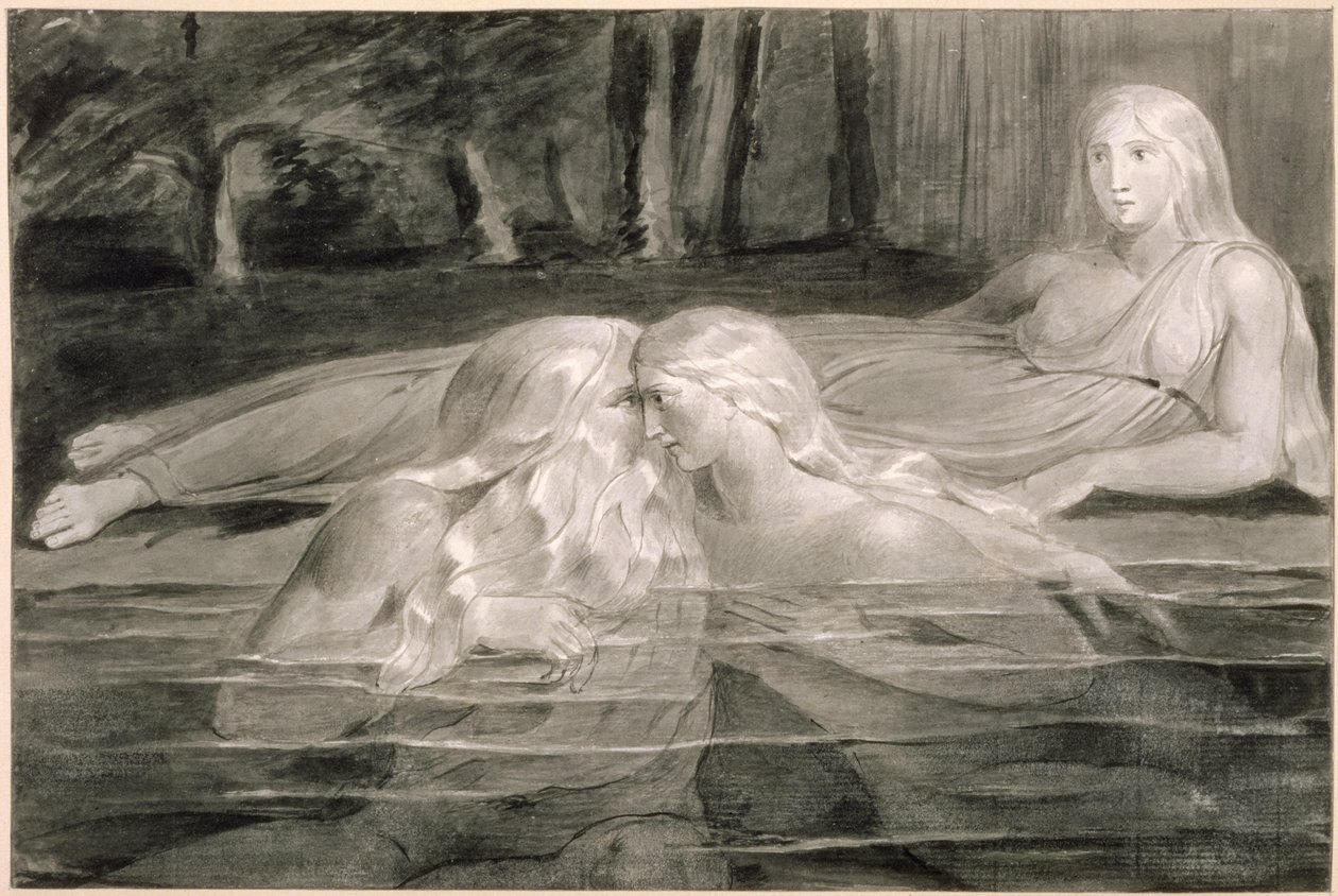Har and Heva Bathing, Mnetha Looking On, ca. 1785-89 (pensel, blæk og vask på papir) af William Blake