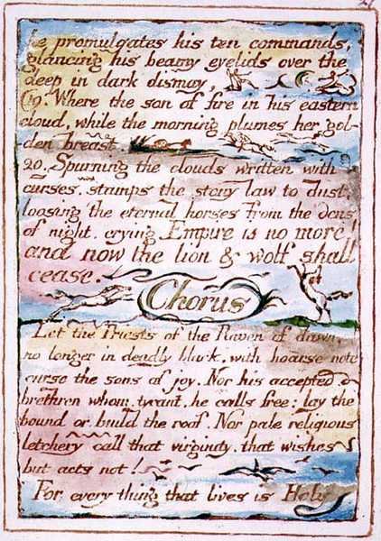 "Han forkynder sine ti befalinger...", tekst fra "The Marriage of Heaven and Hell", ca. 1790-3 (reliefradering afsluttet med pen og akvarel) af William Blake