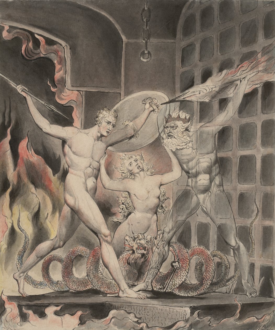 Illustration 2 til Miltons "Paradise Lost": Satan, synd og død: Satan kommer til helvedes porte, 1807 af William Blake