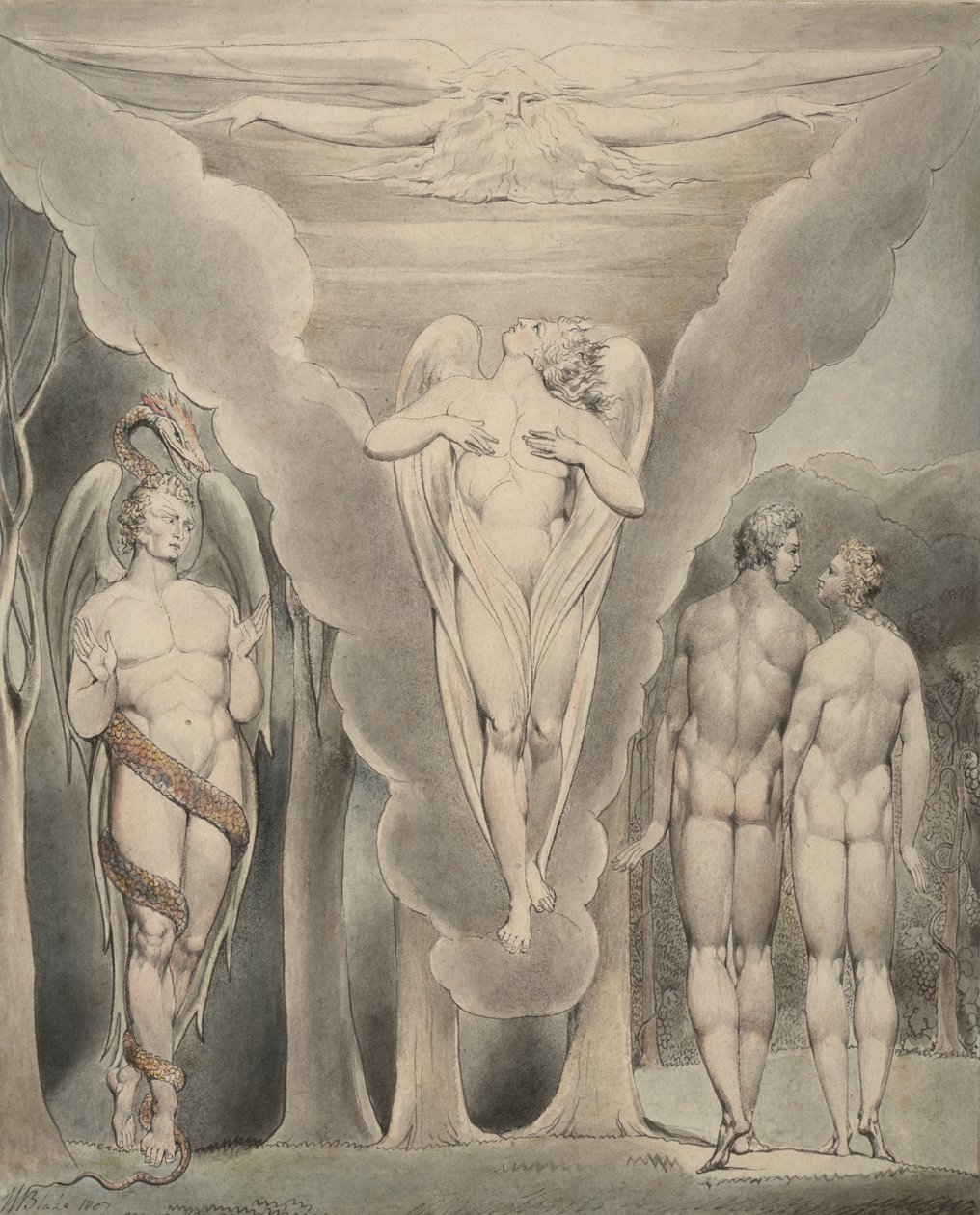 Illustration 4 til Miltons "Paradise Lost": Satan spionerer på Adam og Eva og Rafaels nedstigning til paradis, 1807 af William Blake