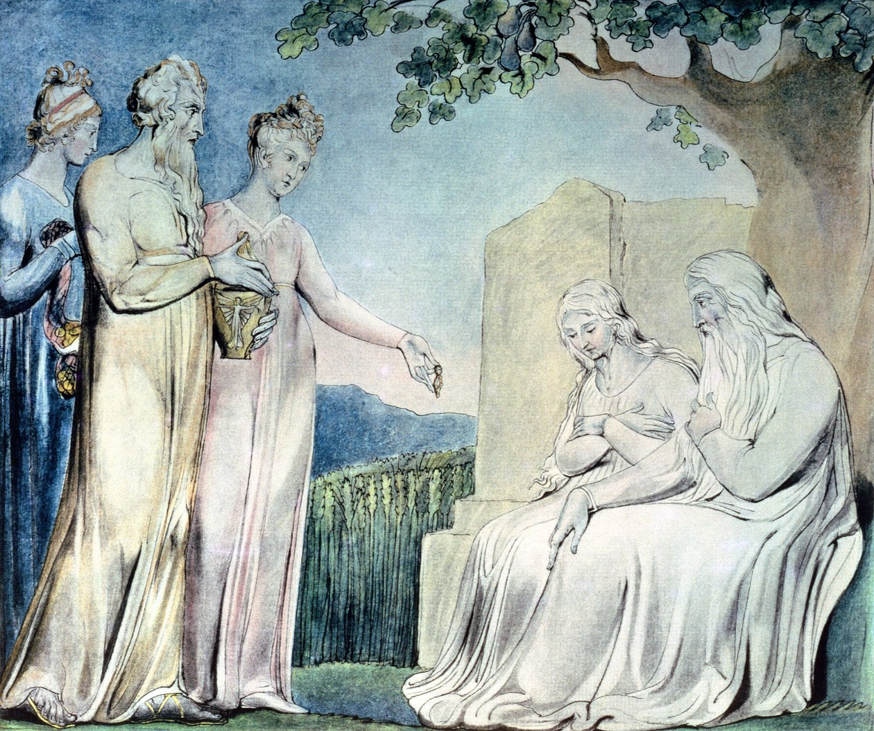 Illustrationer af Jobs Bog; Job accepting Charity, 1825 (pen, wc og blyant) af William Blake
