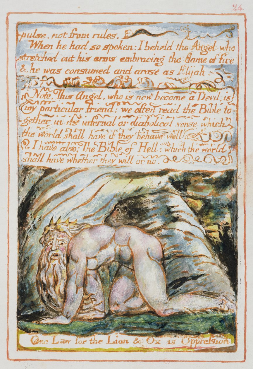 Impuls, ikke fra regler..., illustration og tekst fra "The Marriage of Heaven and Hell", ca. 1790-3 (reliefradering udført med pen og wc) af William Blake