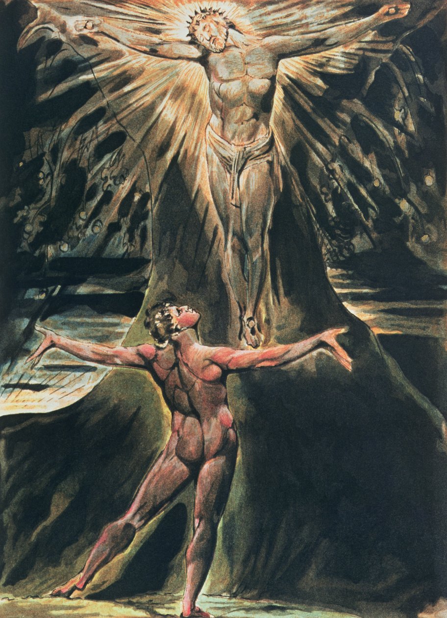 Jerusalem Kæmpealbions udstråling; plade 76 Albion før Kristus korsfæstet på kundskabens træ og godt og ondt, 1804-20 (reliefætsning afsluttet med wc) af William Blake