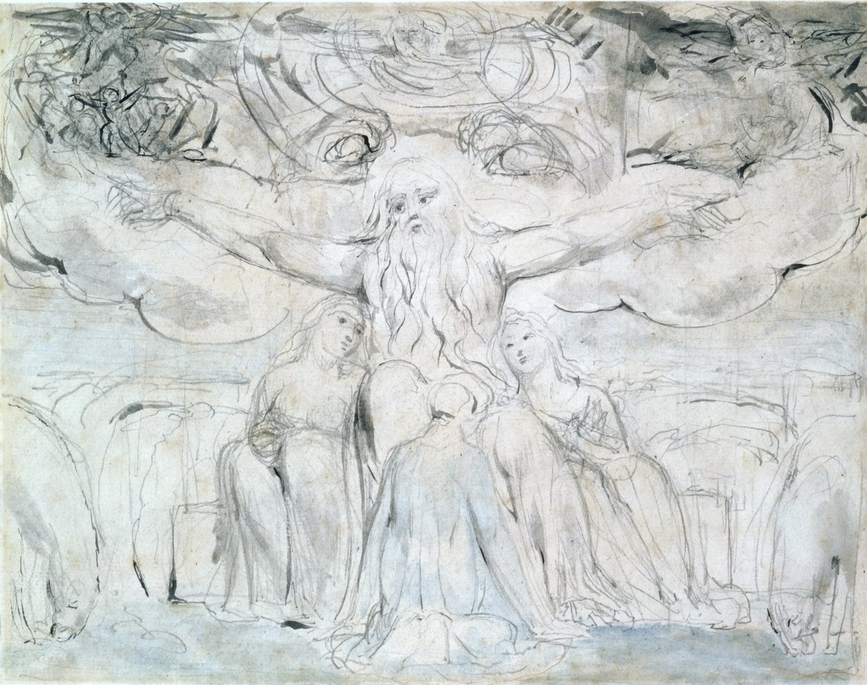 Job og hans døtre (blyant, pen og gråt blæk) af William Blake