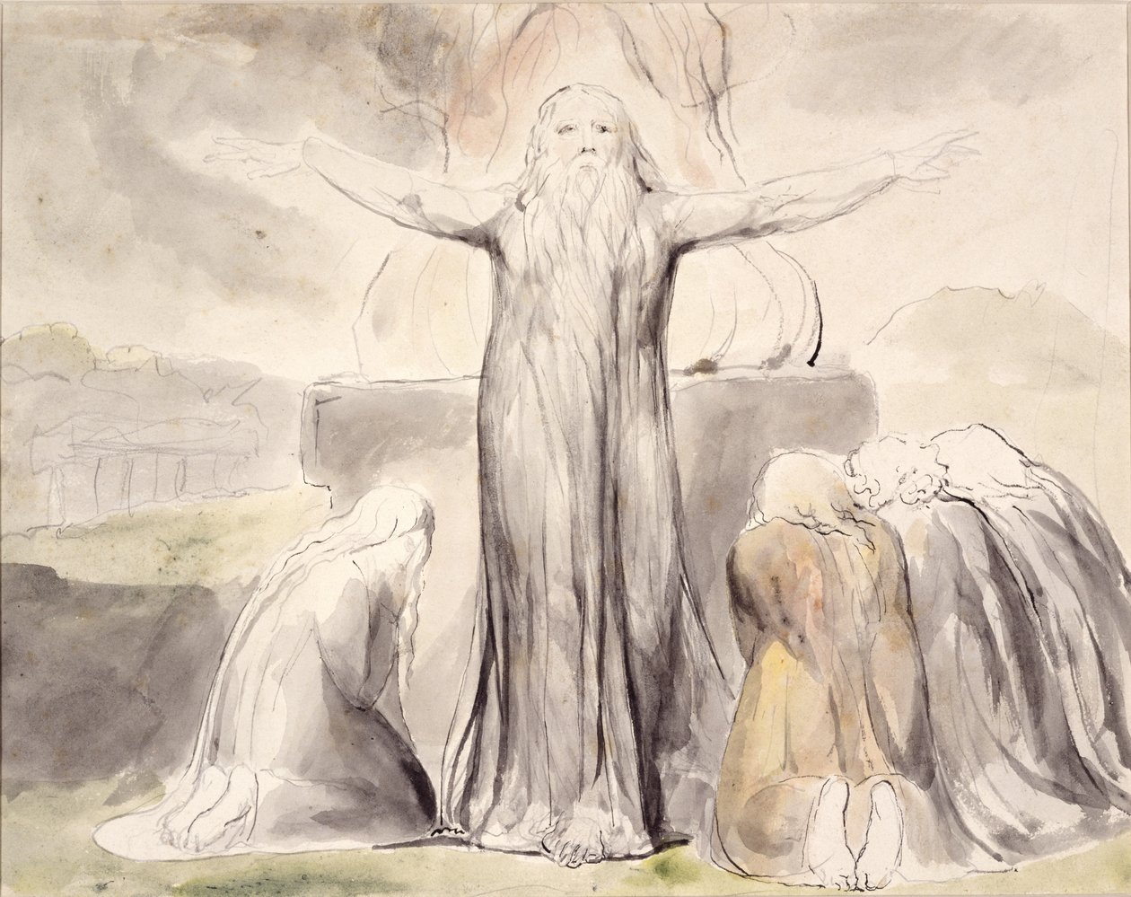 Jobs offer: Og min tjener Job skal bede for dig (pen og blæk med akvarel på papir) af William Blake