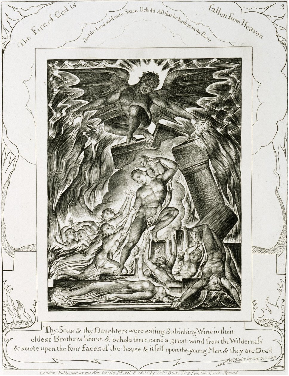 Jobs sønner og døtre overvældet af Satan af William Blake