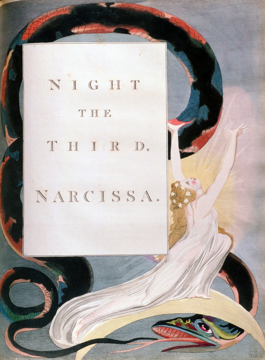 Night the Third Narcissa, titelblad fra Edward Youngs Nights Night Thoughts, c1797 af William Blake