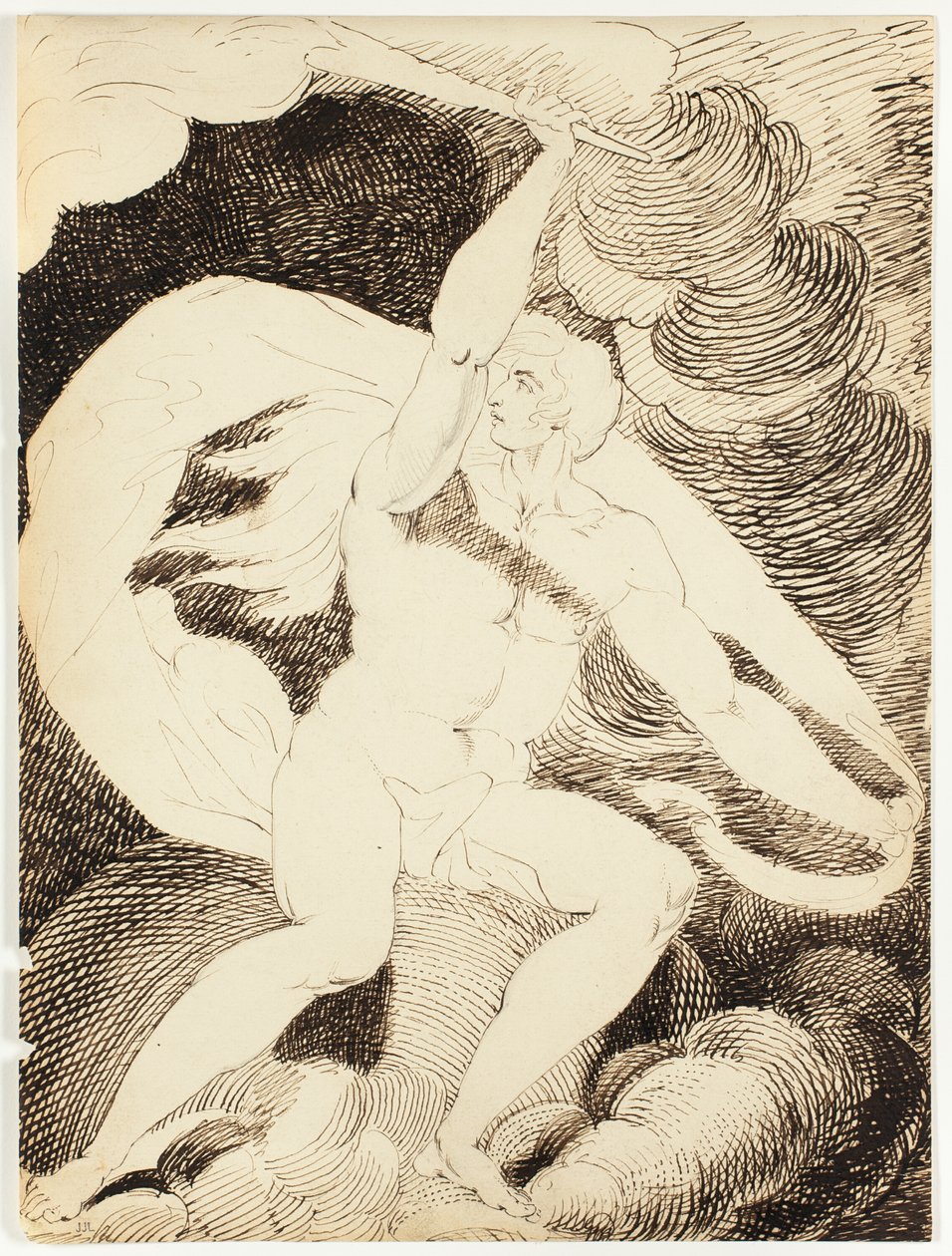 Nøgen figur af en mand med flammende fakkel af William Blake