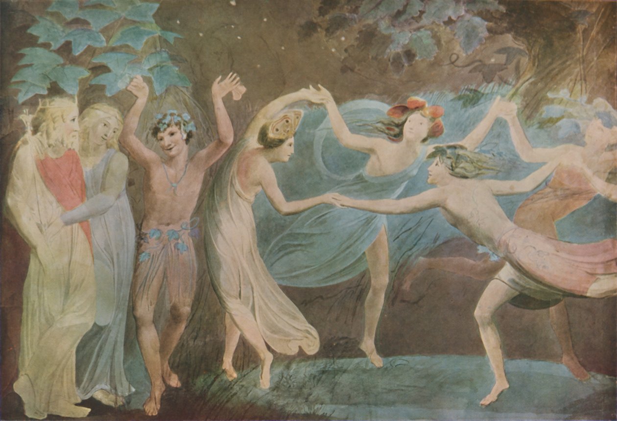 Oberon, Titania og Puck med feer, der danser, 1786 af William Blake