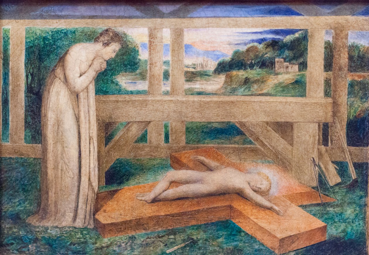 Vor dame tilbeder spædbarnet Jesus sovende på et kors, omkring 1799-1800 (tempera på lærred) af William Blake