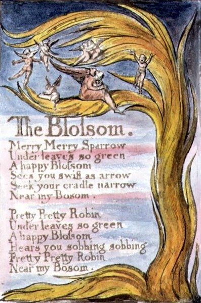 S.124-1950.pt10 The Blossom: plade 10 fra Songs of Innocence and of Experience (kopi R) c.1802-08 (radering, blæk og akvarel) af William Blake