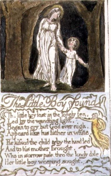 S.124-1950.pt13 Den lille dreng fundet: plade 13 fra Songs of Innocence and of Experience (kopi R) c.1802-08 (radering, blæk og akvarel) af William Blake