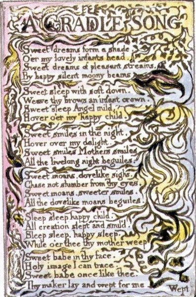P.124-1950.pt15 A Cradle Song: plade 15 fra Songs of Innocence and of Experience (kopi R) c.1802-08 (radering, blæk og akvarel) af William Blake