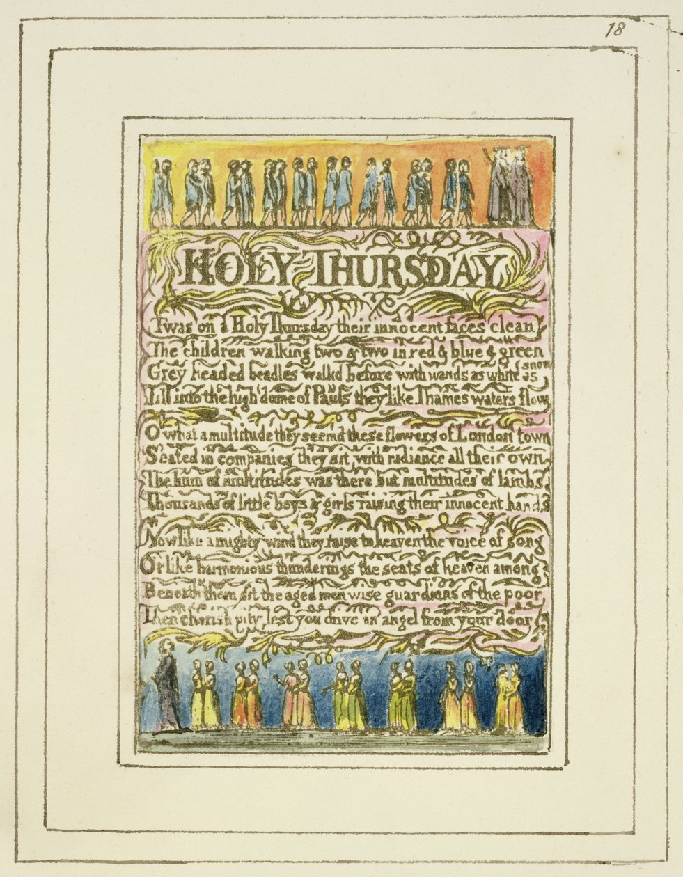 P.124-1950.pt18 Helligtorsdag: tallerken 18 fra Sange om uskyld og oplevelse (kopi R) c.1802-08 (radering, blæk og wc) af William Blake