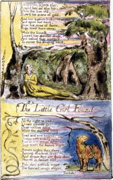 P.124-1950.pt36 Den lille pige fundet: plade 36 fra "Songs of Innocence and of Experience" (kopi R) ca. 1802-08 (radering, blæk og akvarel) af William Blake