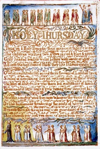 S.125-1950.pt19 Helligtorsdag: plade 19 fra Songs of Innocence and of Experience (kopi AA) c.1815-26 (radering, blæk og akvarel) af William Blake