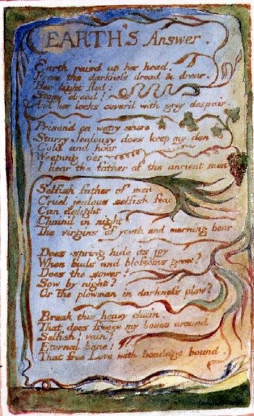 P.125-1950.pt31 Jordens svar: plade 31 fra Songs of Innocence and of Experience (kopi AA) c.1815-26 (radering, blæk og akvarel) af William Blake