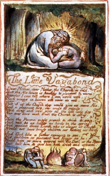 S.125-1950.pt45 Den lille vagabond: plade 45 fra Sange om uskyld og oplevelse (kopi AA) c.1815-26 (radering, blæk og akvarel) af William Blake