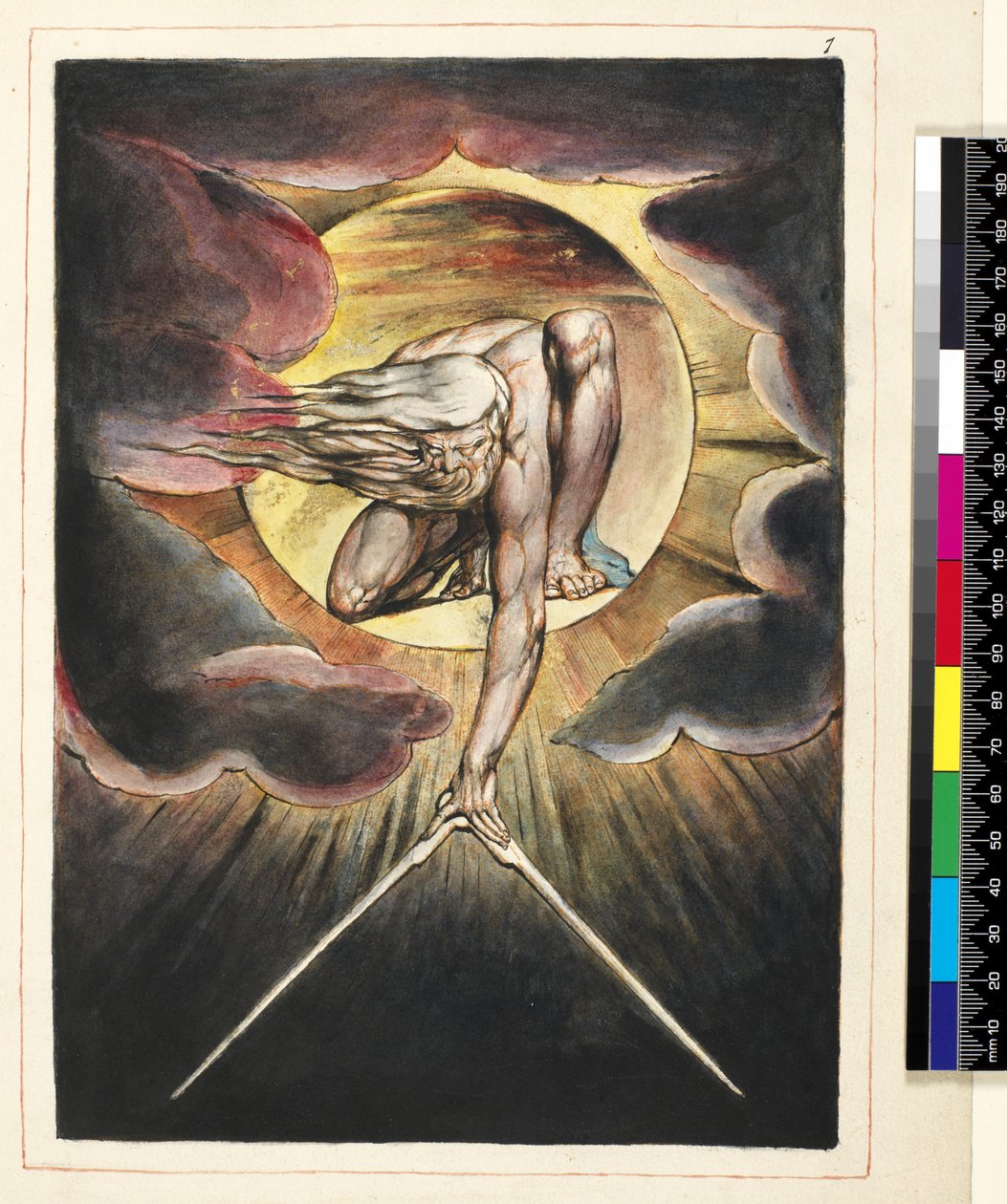 P.127-1950.pt.19 De gamle dage, frontispice til "Europe, A Prophecy", ca.1821 (reliefradering med pen og wc på papir) af William Blake