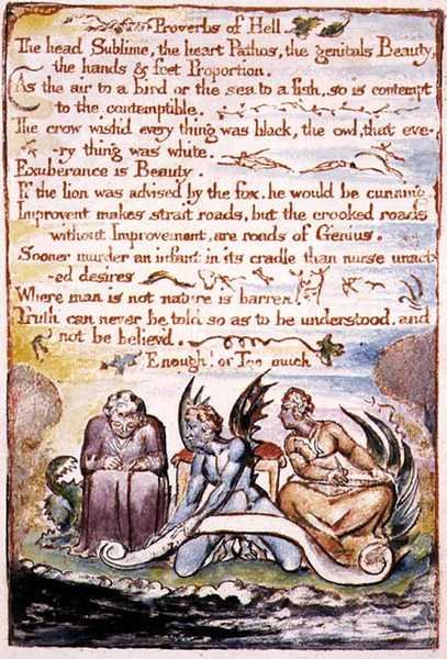 Helvedes ordsprog, illustration og tekst fra "The Marriage of Heaven and Hell", ca. 1790-3 (reliefætsning afsluttet med pen og akvarel) af William Blake