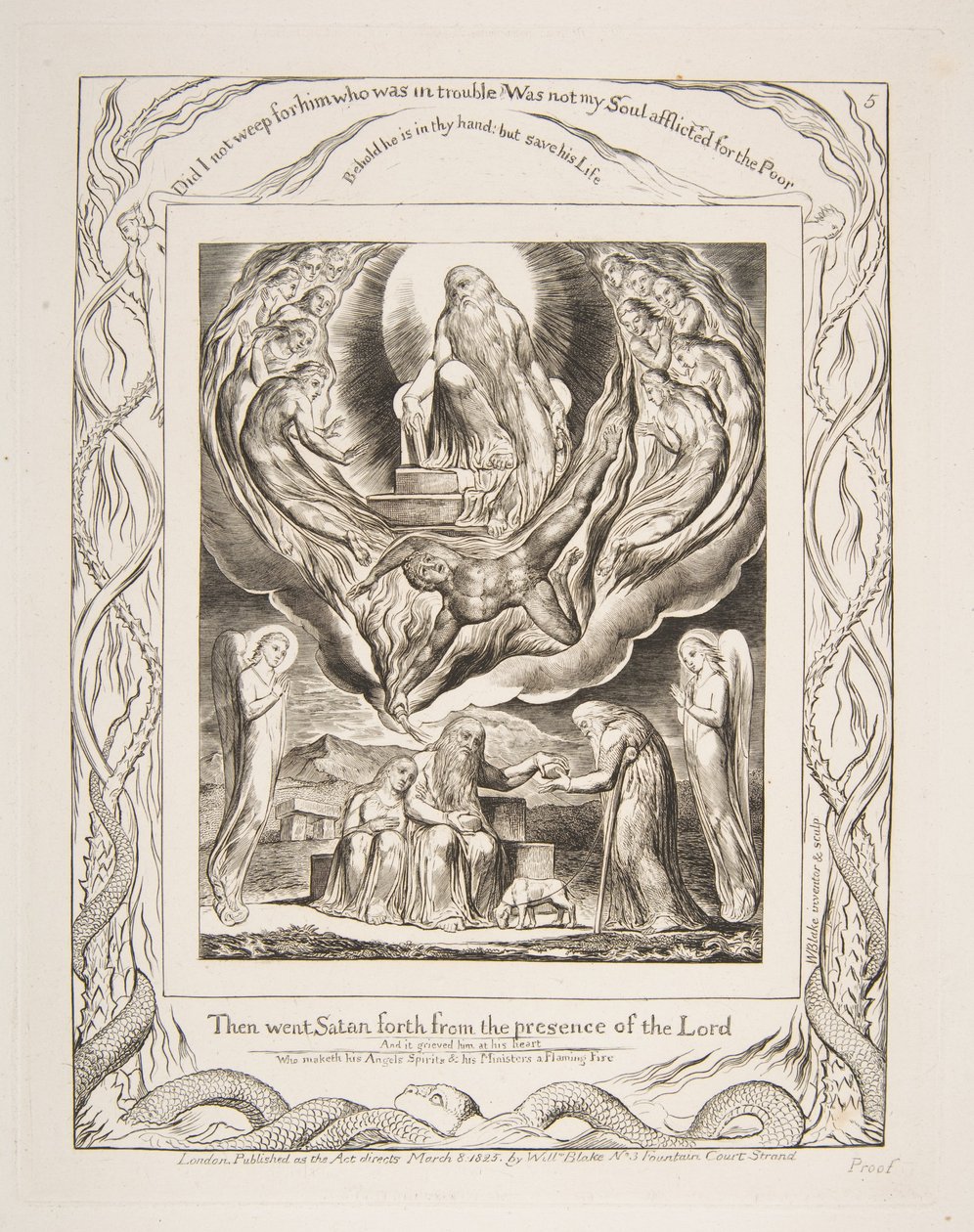 Satan går frem fra Herrens nærvær, fra illustrationer af Jobs Bog, 1825-26. af William Blake