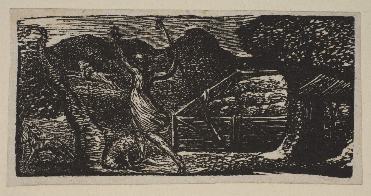 Shepherd Chases Away a Wolf, fra Thorntons Pastorals of Virgil, 1821. af William Blake