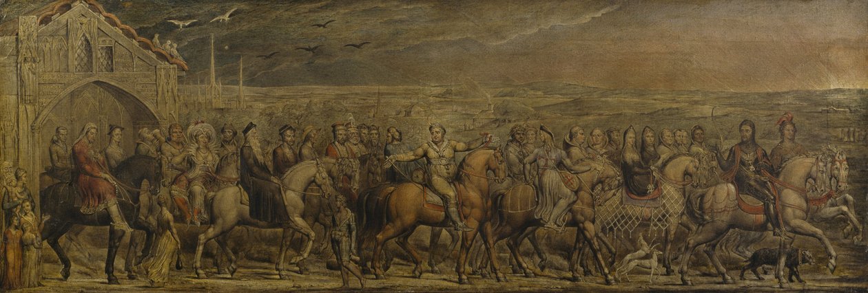 Sir Jeffrey Chaucer (ca. 1342-1400) og de ni og tyve pilgrimme på deres rejse til Canterbury (tempera på lærred) af William Blake