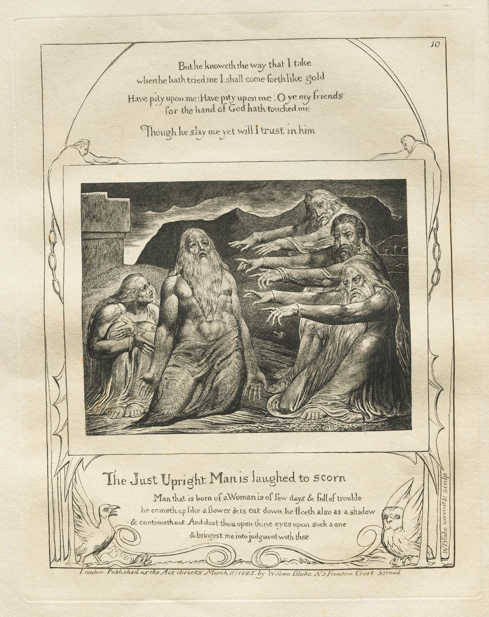 Jobs Bog: Pl. 10, Den retfærdige oprejste mand bliver grinet til hån af William Blake