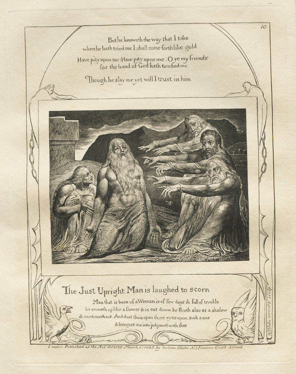 Jobs Bog: Pl. 10, Den retskafne mand bliver grinet til hån, 1825. af William Blake