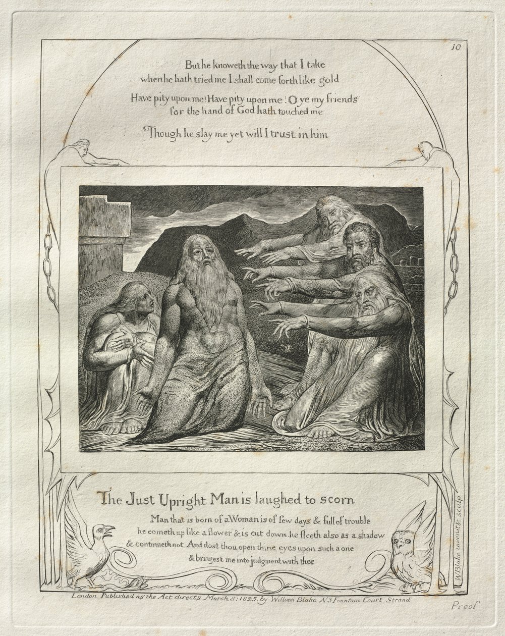 Jobs Bog: Pl. 10, Den retfærdige oprejste mand bliver til grin til hån af William Blake
