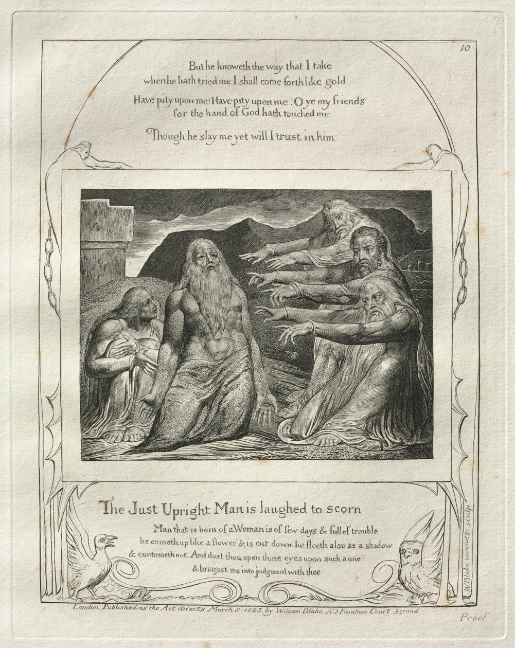 Jobs Bog: Pl. 10, Den retfærdige mand bliver til grin til hån, 1825. af William Blake