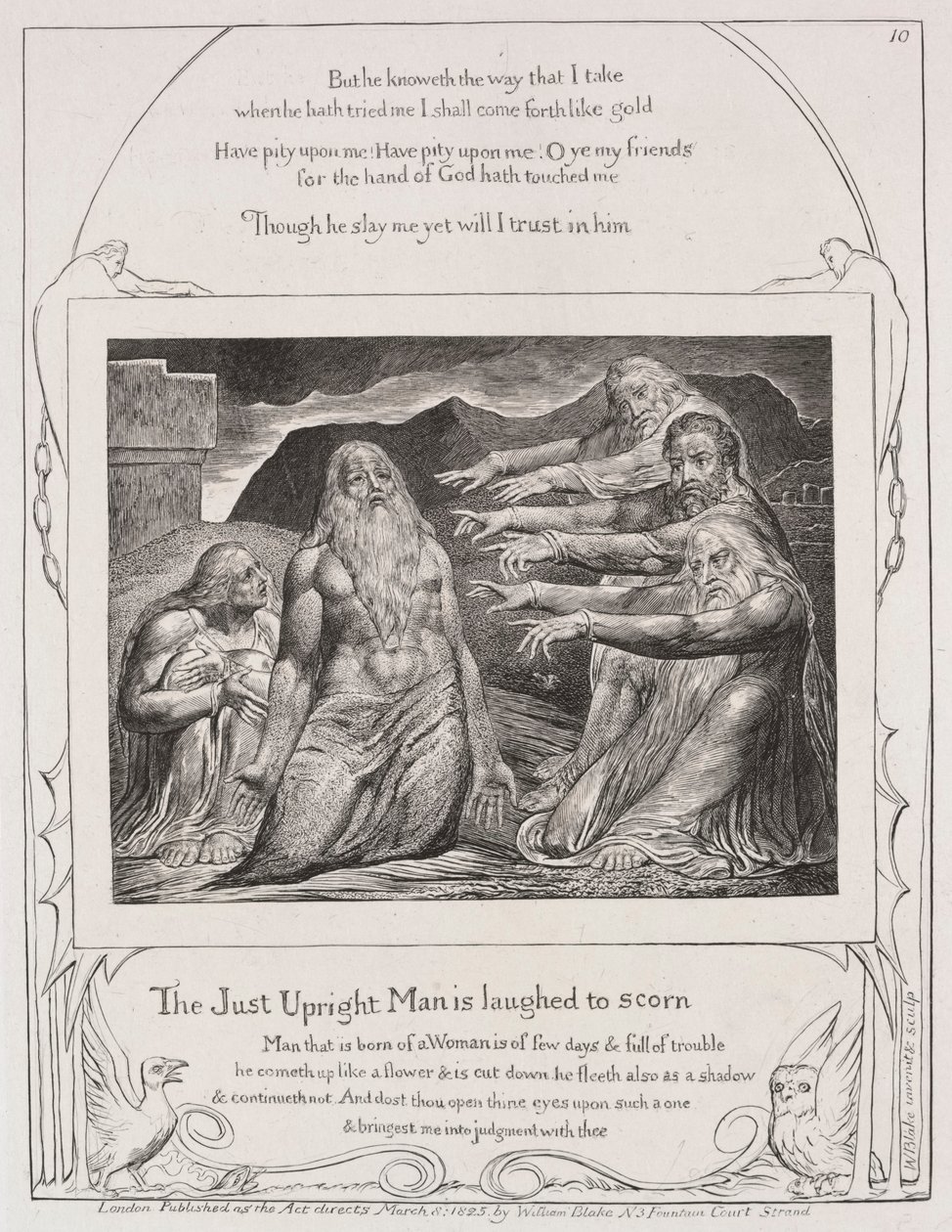 Jobs Bog: Pl. 10, Den retskafne mand bliver latterliggjort, 1825. af William Blake