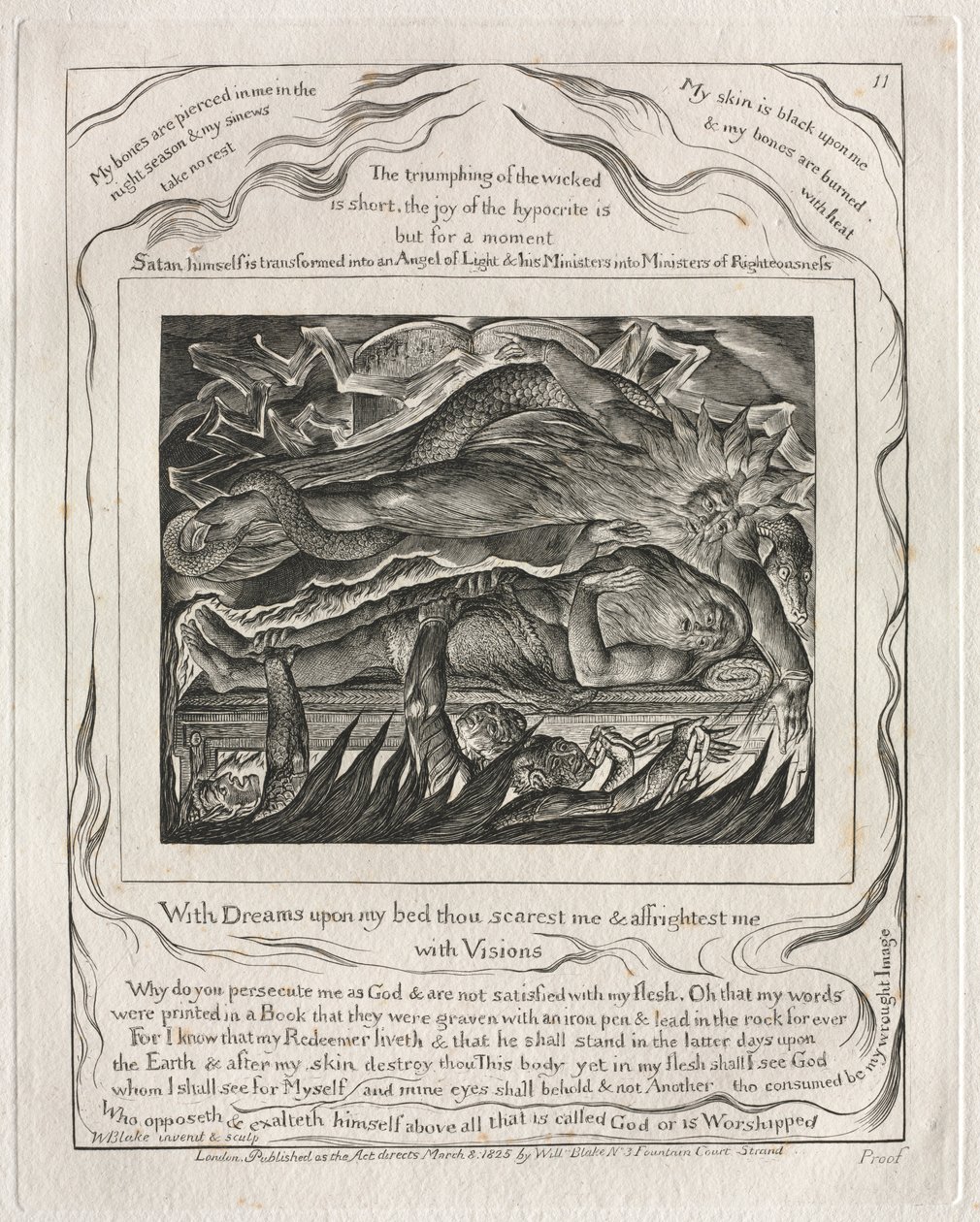 Jobs Bog: Pl. 11, Med drømme på min seng skræmmer du mig og skræmmer mig..., 1825. af William Blake
