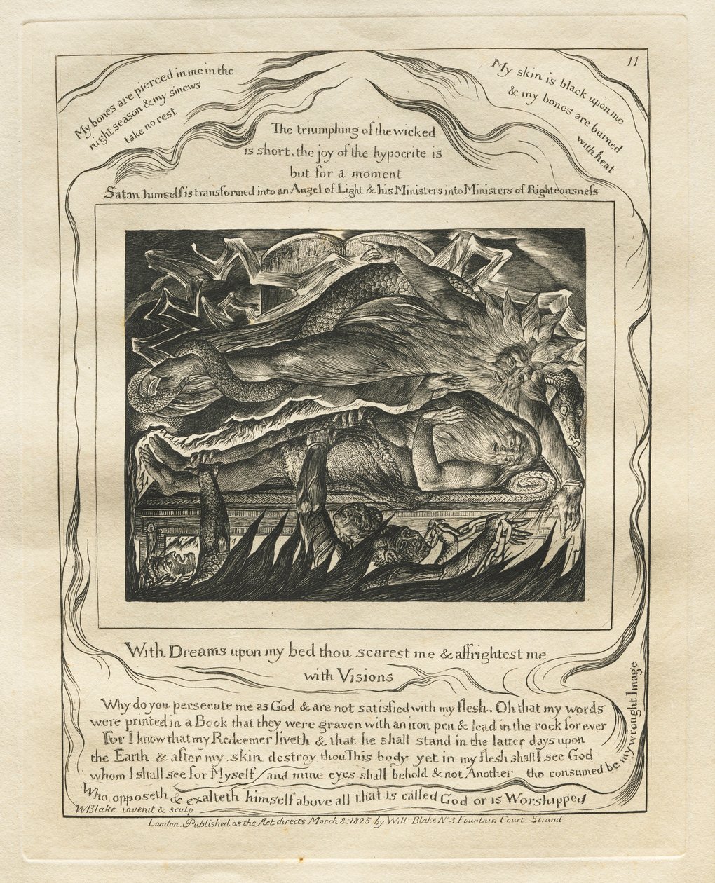Jobs Bog: Pl. 11, Med drømme på min seng skræmmer du mig og skræmmer mig..., 1825. af William Blake