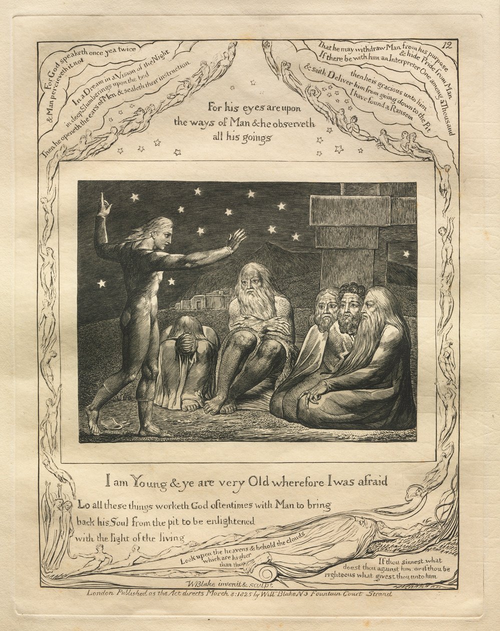 Jobs Bog: Pl. 12, jeg er ung, og I er meget gamle, hvorfor jeg var bange, 1825. af William Blake