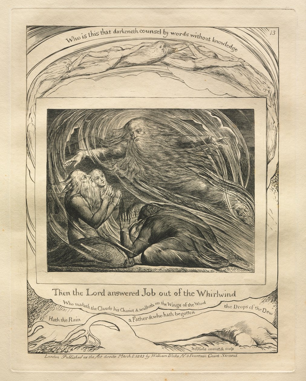 Jobs Bog: Pl. 13, Så svarede Herren Job ud af hvirvelvinden, 1825. af William Blake