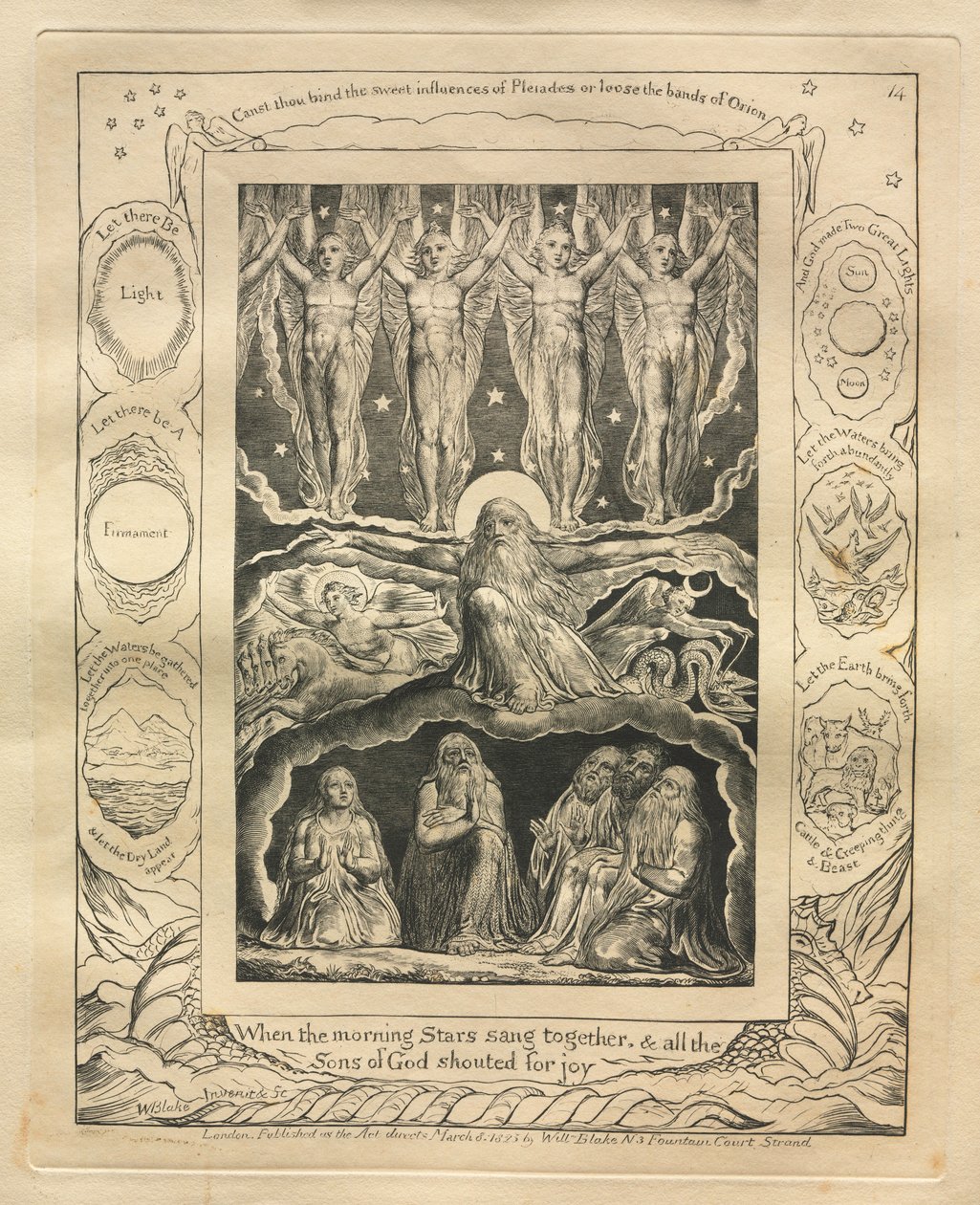 Jobs Bog: Pl. 14, Da morgenstjernerne sang sammen, og alle Guds sønner..., 1825. af William Blake