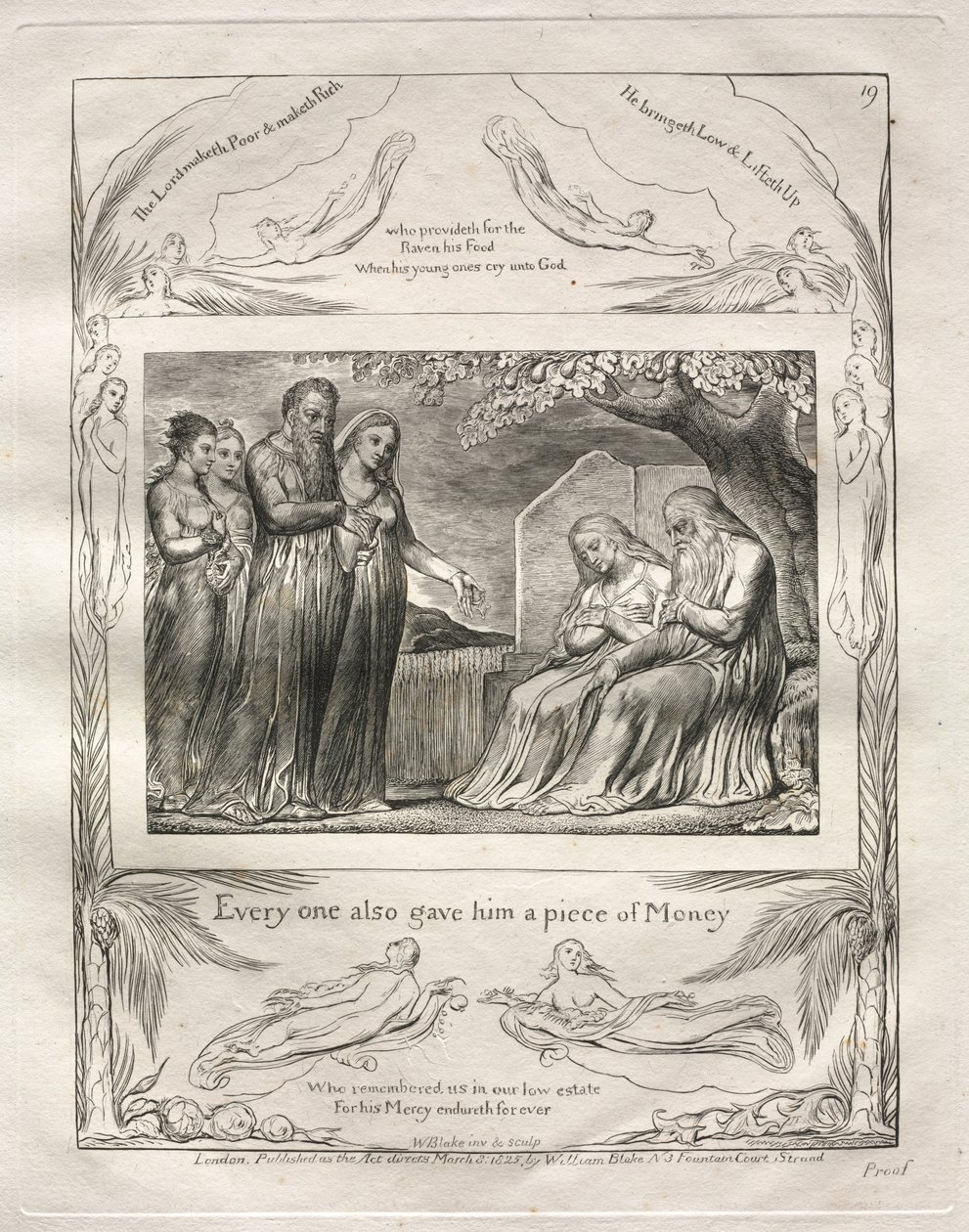 Jobs Bog: Pl. 19, Enhver gav ham også et stykke penge, 1825. af William Blake