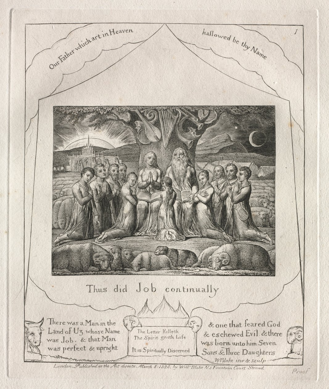 Jobs Bog: Pl. 1, Således gjorde Job bestandig, 1825. af William Blake