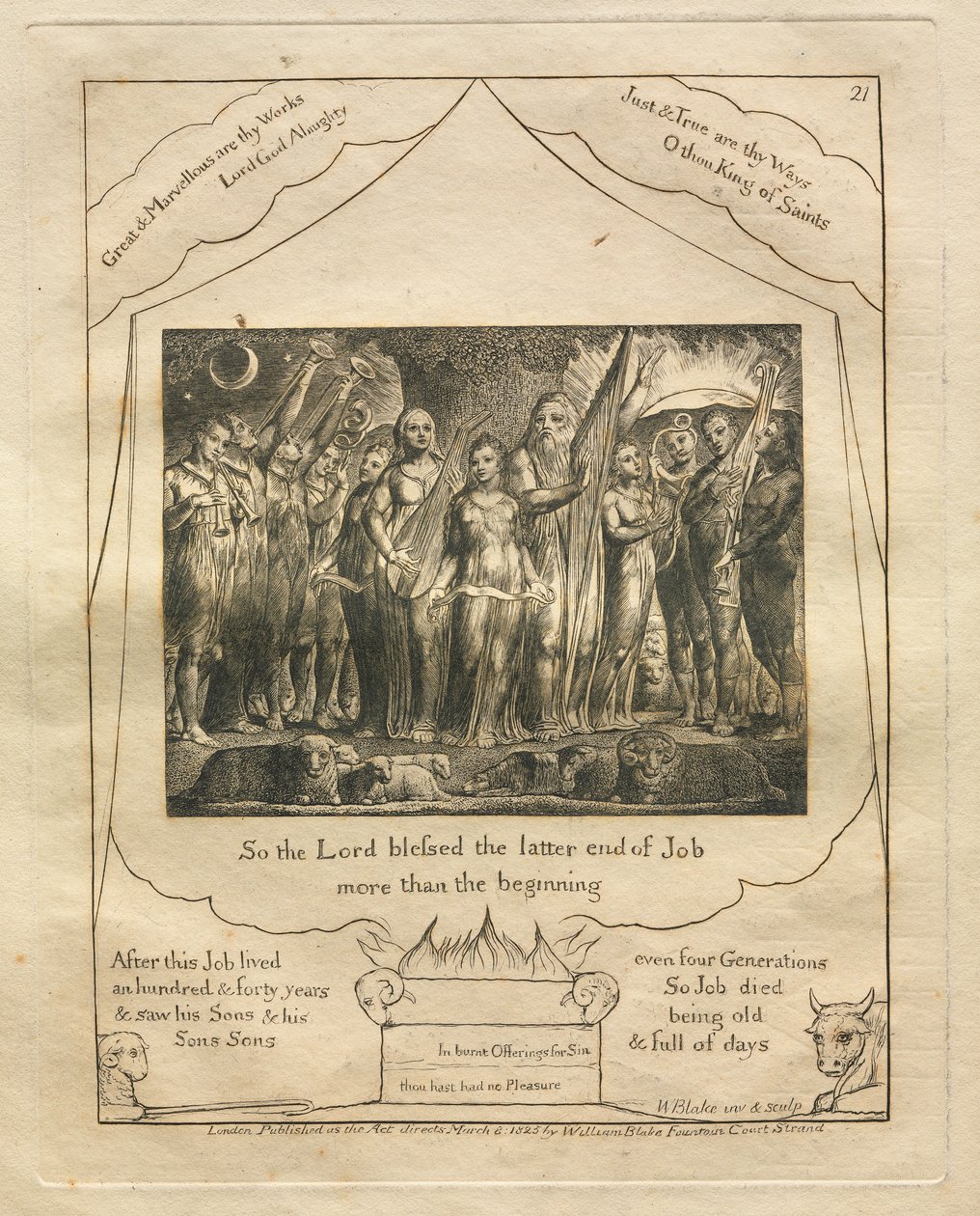 Jobs Bog: Pl. 21, Så Herren velsignede Jobs sidste ende mere end begyndelsen, 1825. af William Blake