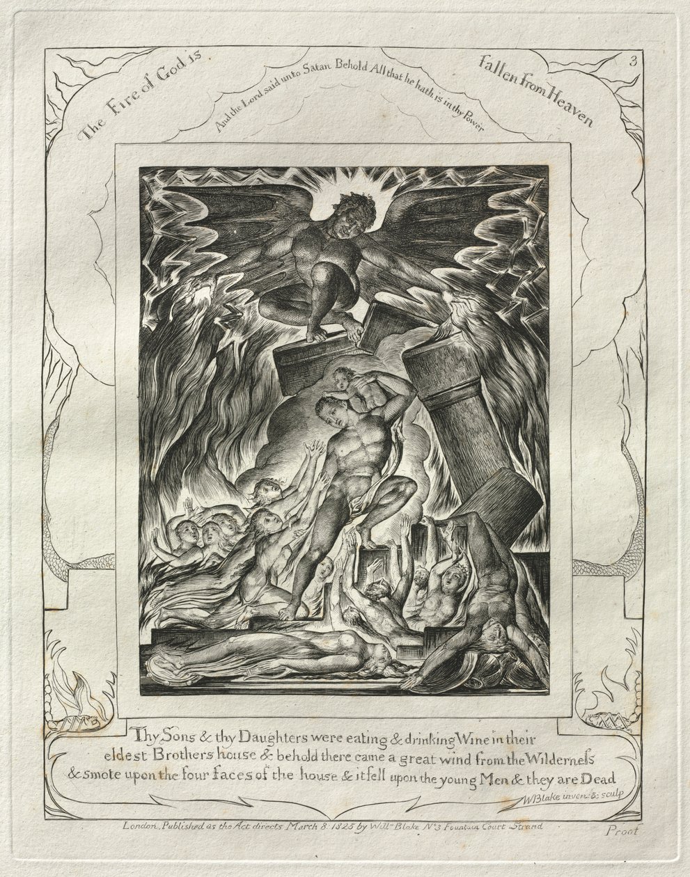Jobs Bog: Pl. 3, Dine sønner og dine døtre spiste og drak vin..., 1825. af William Blake
