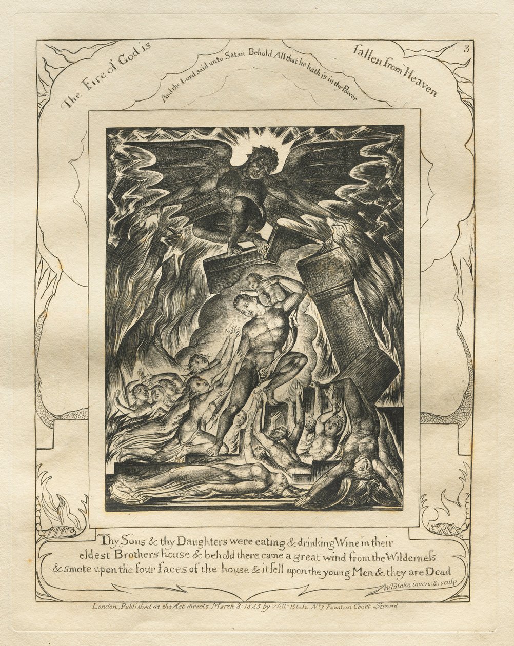 Jobs Bog: Pl. 3, Dine sønner og dine døtre spiste og drak vin..., 1825. af William Blake
