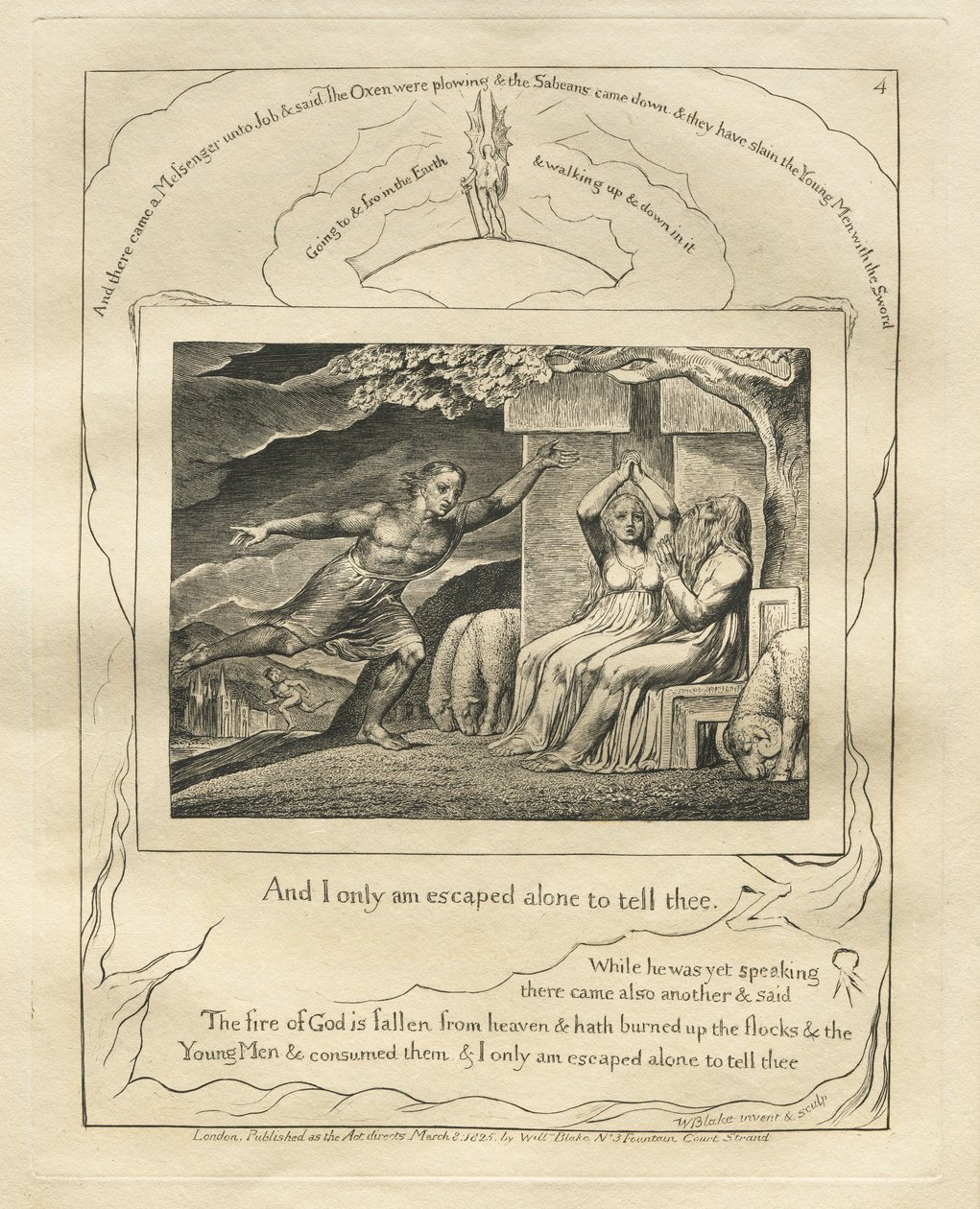 Jobs Bog: Pl. 4, Og jeg er kun undsluppet alene for at fortælle dig, 1825. af William Blake