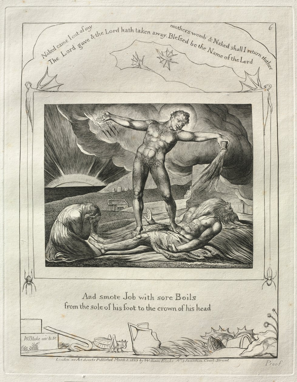 Jobs Bog: Pl. 6, Og slog Job med ømme Bylder fra hans Fodsål..., 1825. af William Blake
