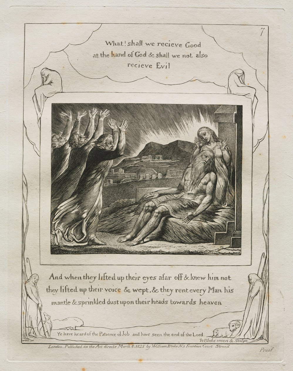 Jobs Bog: Pl. 7, Og da de løftede deres øjne langt væk og kendte ham ikke..., 1825. af William Blake