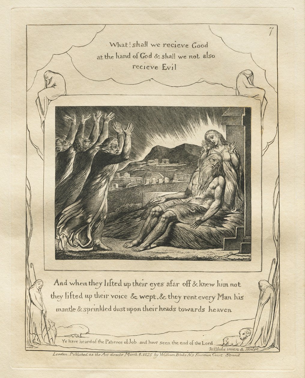 Jobs Bog: Pl. 7, Og da de løftede deres øjne langt væk og kendte ham ikke..., 1825. af William Blake