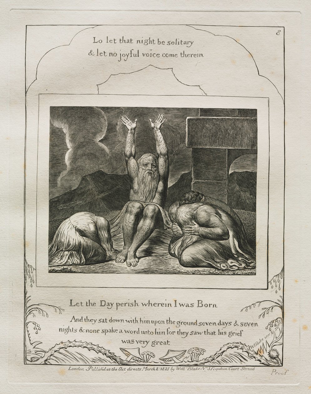 Jobs Bog: Pl. 8, Lad dagen forgå, hvori jeg blev født, 1825. af William Blake