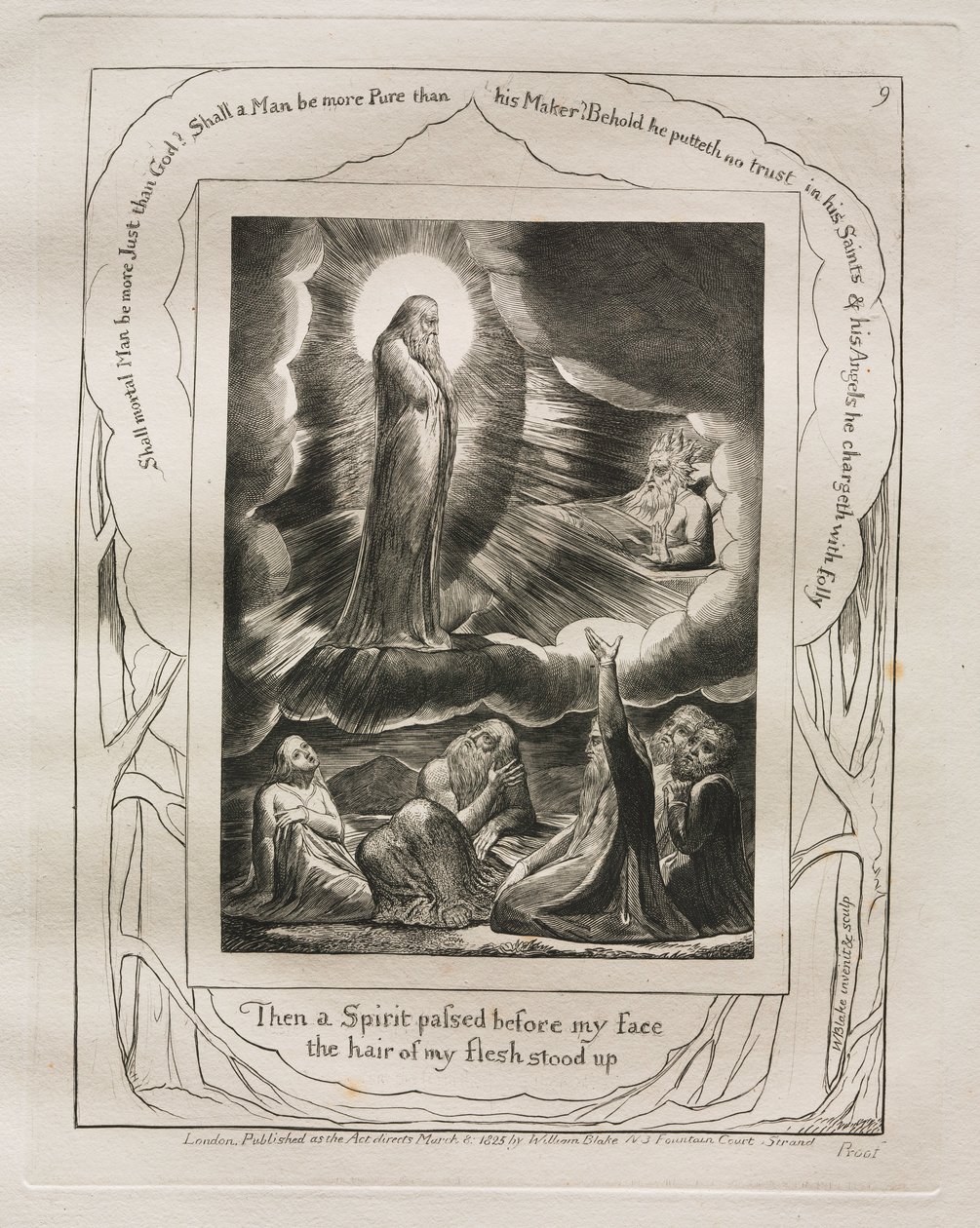 Jobs Bog: Pl. 9, Da gik en Ånd for mit ansigt, mit køds hår rejste sig, 1825. af William Blake