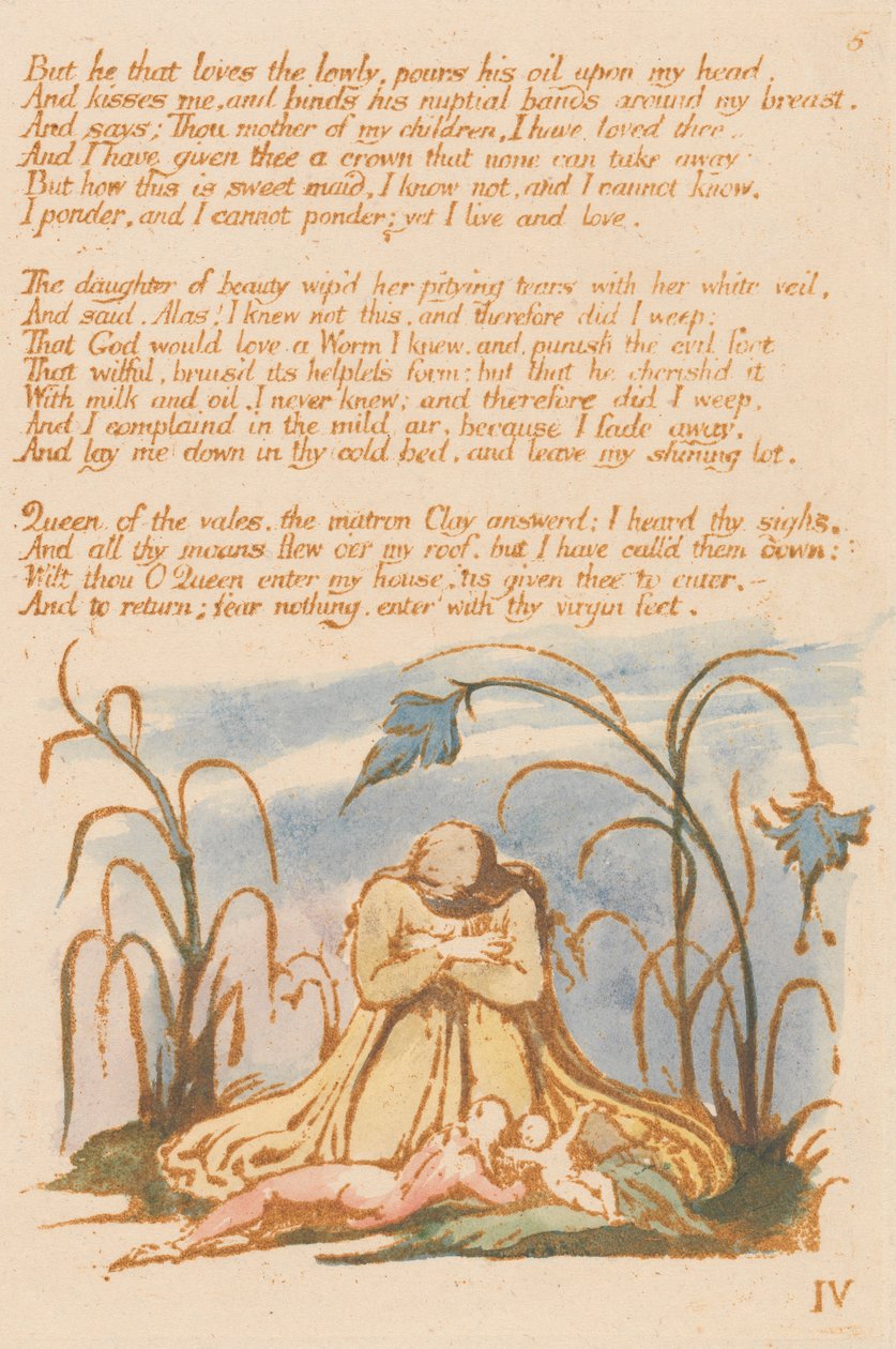 Bogen om Thel, plade 7, "men han, der elsker den lave ..." af William Blake