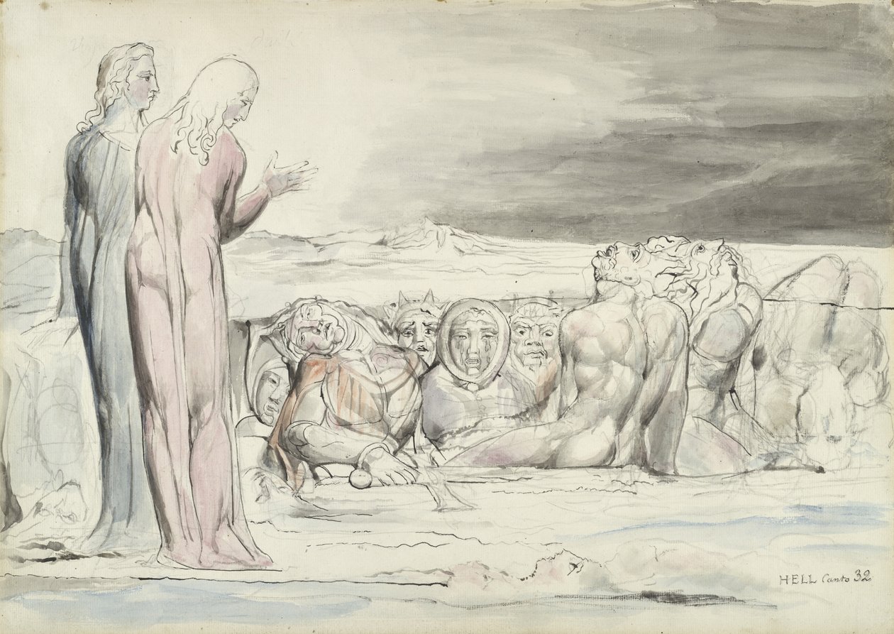 The Circle of Traitors: Alberti Brothers, illustration til den guddommelige komedie af Dante Alighieri, 1824-27 (pen & blæk med wc over blyant og kridt på papir) af William Blake
